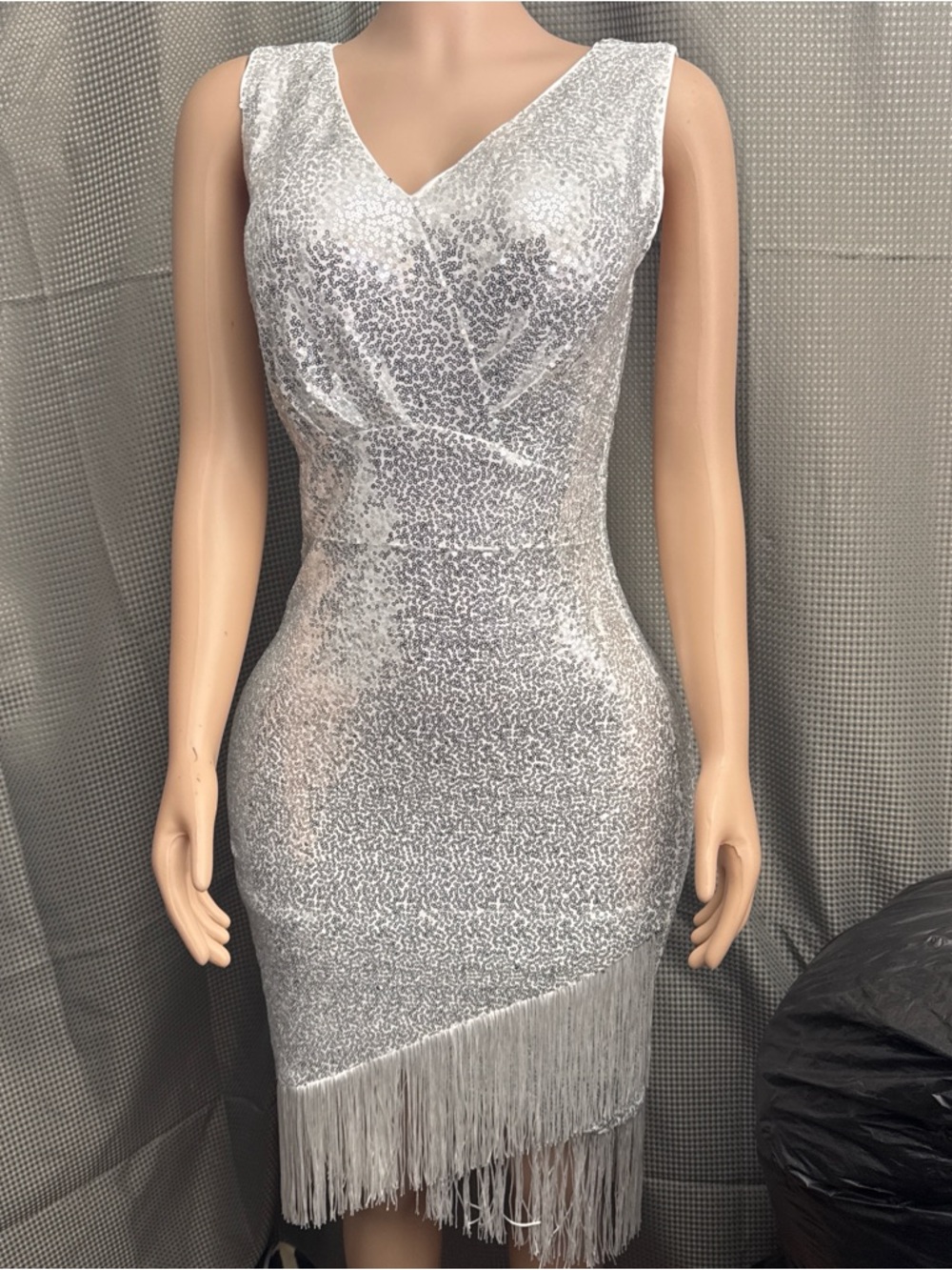 Silver Sequin Fringe V-Neck Midi Dress